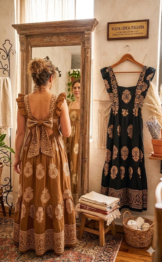 EMBROIDERED RUFFLE SLEEVE MAXI DRESS