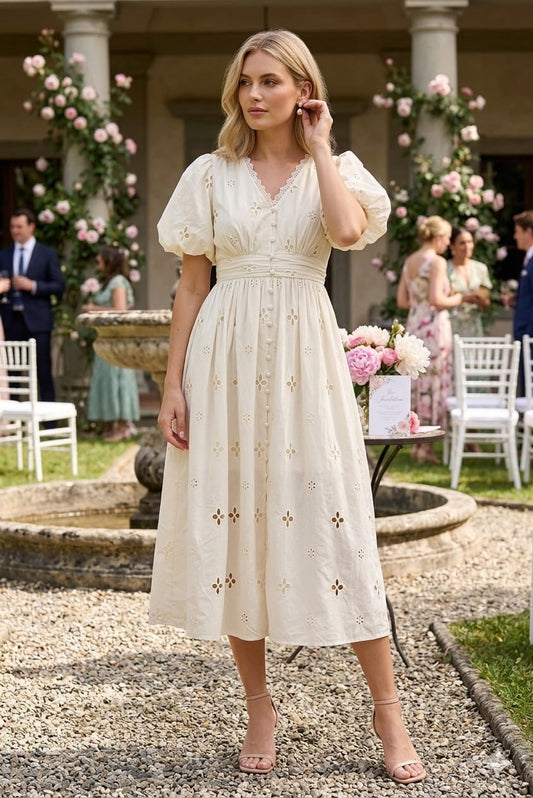 PUFF SLEEVE EYELET  DRESS